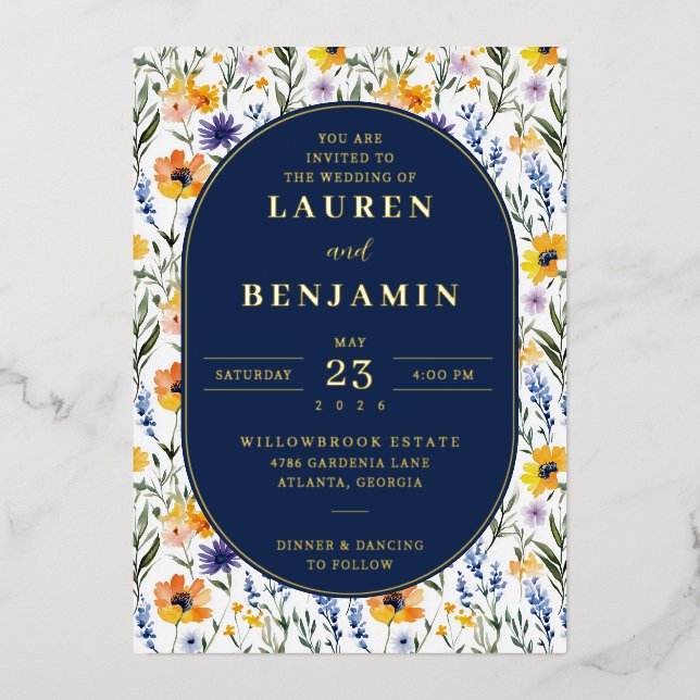 Joyful Navy Floral Wedding Invitation Foil Invitation (Front)
