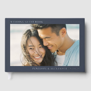 Joyful Navy Minimalist Photo Foil Guest Book
