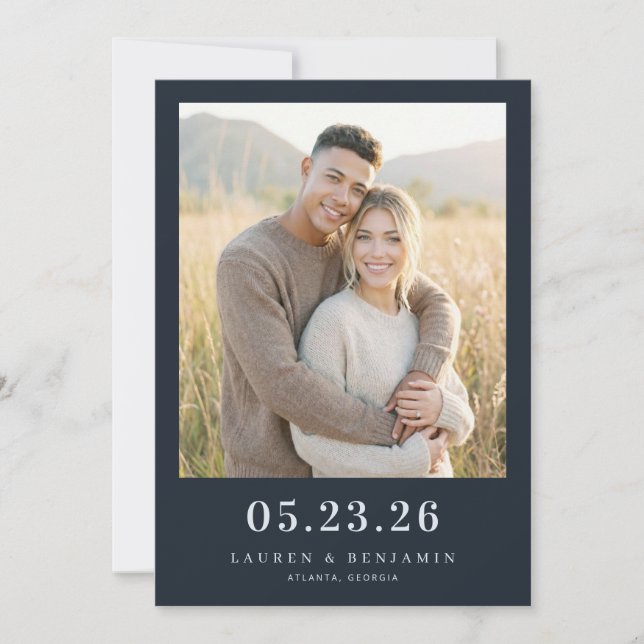 Joyful Navy Minimalist Photo Save The Date (Front)