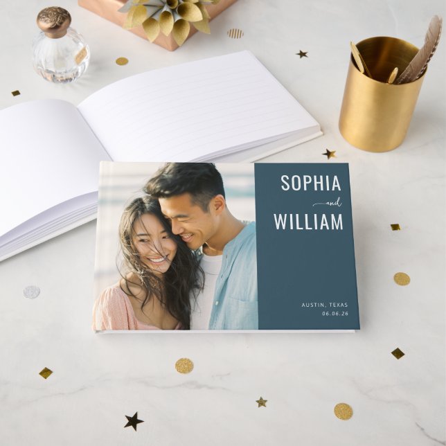 Joyful Navy Modern Photo Guest Book (Front Open)