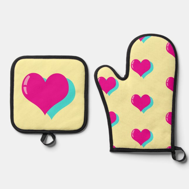 Joyful Neon Love Retro Vaporwave Hearts Fun Oven Mitt & Pot Holder Set (Front)