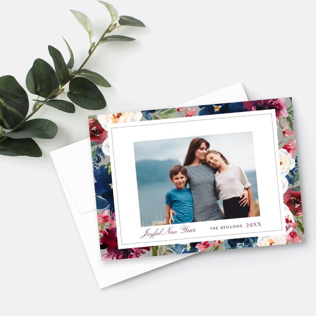 Joyful New Year Burgundy and Navy Floral Photo Holiday Card (Creator Uploaded)