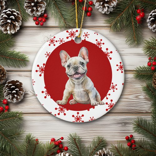 Joyful Noise French Bulldog Red Snowflake Holiday Ceramic Ornament
