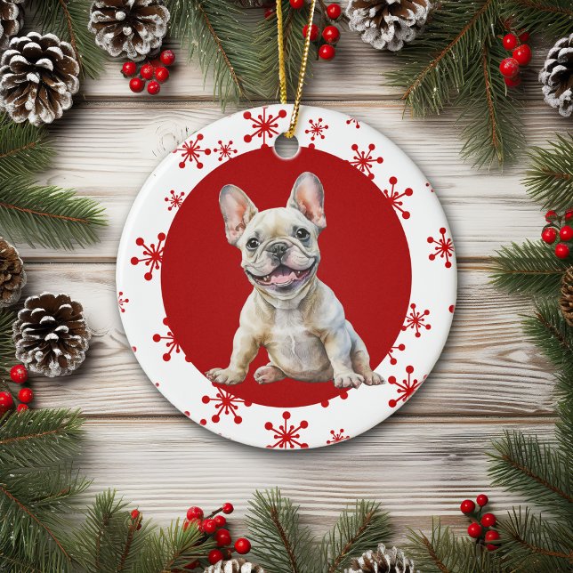 Joyful Noise French Bulldog Red Snowflake Holiday Ceramic Ornament (Creator Uploaded)