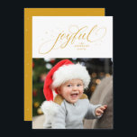 Joyful one photo gold star Christmas Holiday Card<br><div class="desc">And elegant golden yellow script "joyful" is surrounded by sparkly stars on this one-photo holiday card. Personalize it with your name and/or greeting and photo. Perfect for sending Christmas cheer to friends and family. The backer is a matching golden yellow dotted with the same sparkly stars.</div>