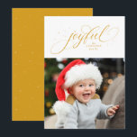 Joyful one photo gold star Christmas Holiday Card<br><div class="desc">And elegant golden yellow script "joyful" is surrounded by sparkly stars on this one-photo holiday card. Personalize it with your name and/or greeting and photo. Perfect for sending Christmas cheer to friends and family. The backer is a matching golden yellow dotted with the same sparkly stars.</div>