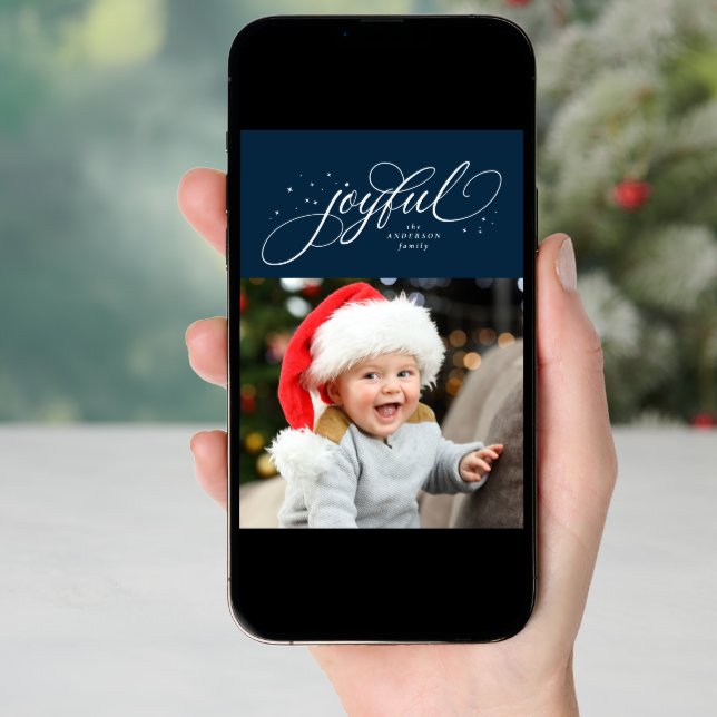 Joyful one photo navy Christmas Holiday Card (Front Digital)