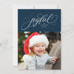 Joyful one photo navy Christmas Holiday Card<br><div class="desc">And elegant script "joyful" is surrounded by sparkly stars on this one-photo holiday card. Personalize it with your name and/or greeting and photo. Perfect for sending Christmas cheer to friends and family. The backer is a matching navy blue dotted with the coordinating sparkly stars. The color can be adjusted by...</div>