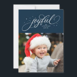 Joyful one photo navy Christmas Holiday Card<br><div class="desc">And elegant script "joyful" is surrounded by sparkly stars on this one-photo holiday card. Personalize it with your name and/or greeting and photo. Perfect for sending Christmas cheer to friends and family. The backer is a matching navy blue dotted with the coordinating sparkly stars. The color can be adjusted by...</div>