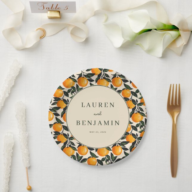Joyful Orange Leafy Fruit Circle Paper Plates (Wedding)