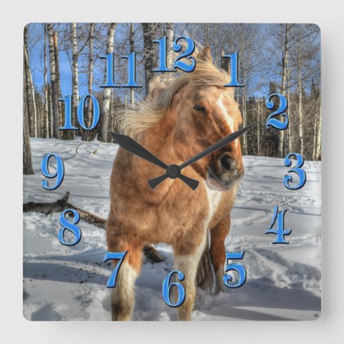 Joyful Palomino Pinto Horse and Snow Square Wall Clock