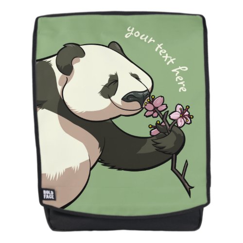 Joyful Panda Sniffs Pink Blossom Flowers With Text Backpack