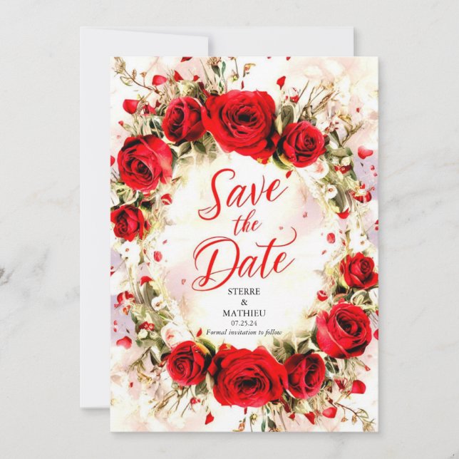 Joyful Pastel Crimson Red Roses Wedding Save The Date (Front)