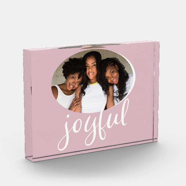 Joyful Pastel Pink Script Christmas Holiday Photo Block (Left)