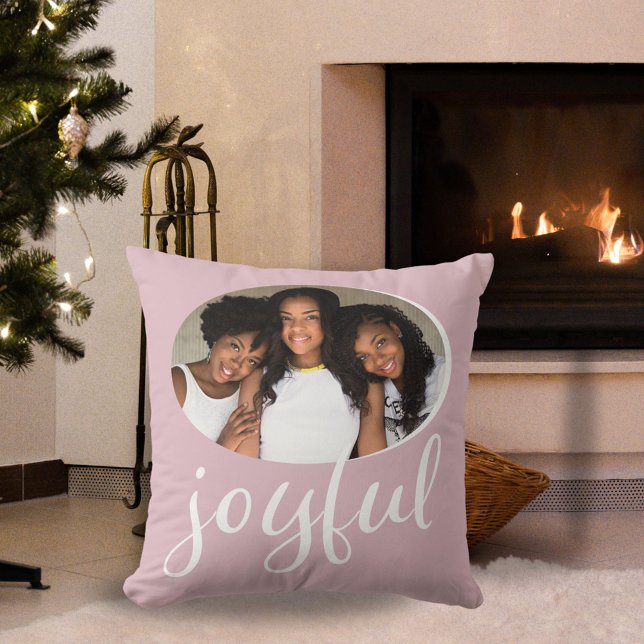 Joyful Pastel Pink Script Christmas Holiday Photo Throw Pillow (Creator Uploaded)