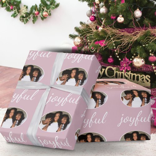 Joyful Pastel Pink Script Christmas Holiday Photo Wrapping Paper