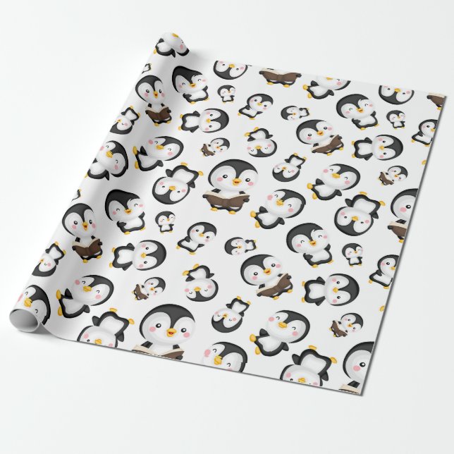 Joyful Penguins On White Wrapping Paper (Unrolled)