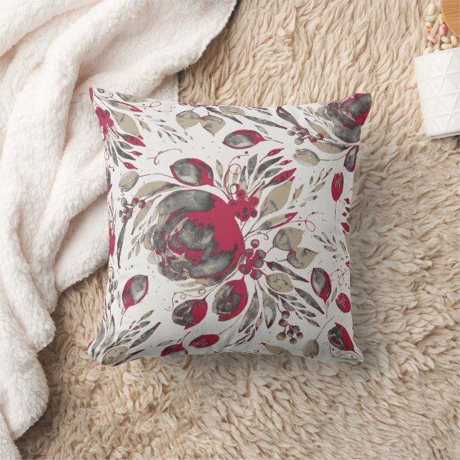 Joyful Peonies - Beige & Viva Magenta on White Throw Pillow (Blanket)