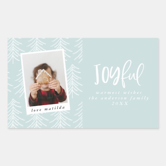Joyful photo and Christmas tree holiday favor Rectangular Sticker (Front)