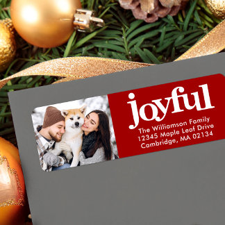 Joyful Photo Bold Typography Modern Red Christmas Label