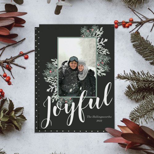 Joyful Photo Christmas Winter Floral Black Flat Holiday Card