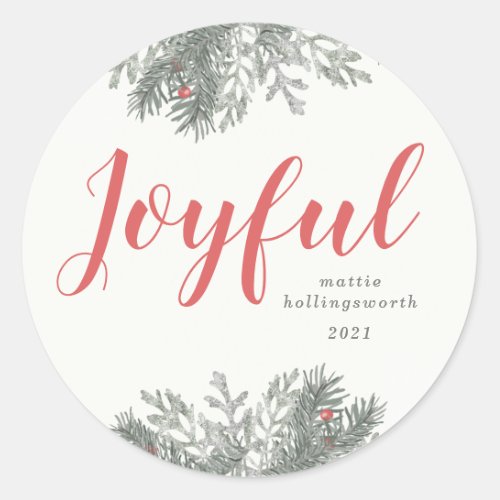 Joyful Photo Christmas Winter Floral Red Cream Classic Round Sticker