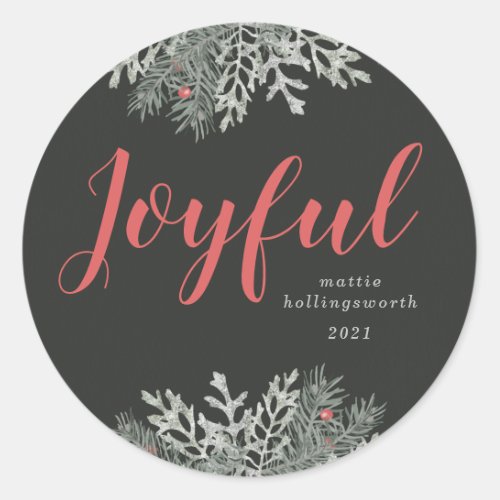 Joyful Photo Christmas Winter Floral Red Holiday Classic Round Sticker