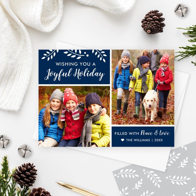 Joyful Photo Greeting Peace and Love Navy Holiday Card (Creator Uploaded)