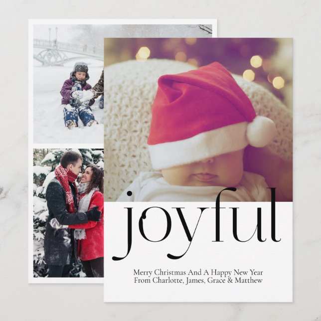 Joyful Photo Personalized Christmas Black White Holiday Card (Front/Back)