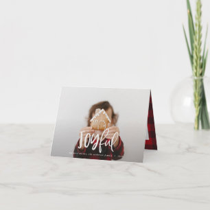 Joyful photo script text and tartan family holiday note card