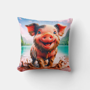 “Joyful Piglet in Mud Bath - Whimsical Farm Art” Throw Pillow