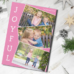 Joyful Pink 3 Kids Photo Collage Cute Christmas Holiday Card<br><div class="desc">Cute pink Christmas photo collage card with 3 kids photographs in a fun overlapping snapshot pattern with white border and the word Joyful written vertically down the side. Find your three favorite pictures for this fun family holiday card.</div>