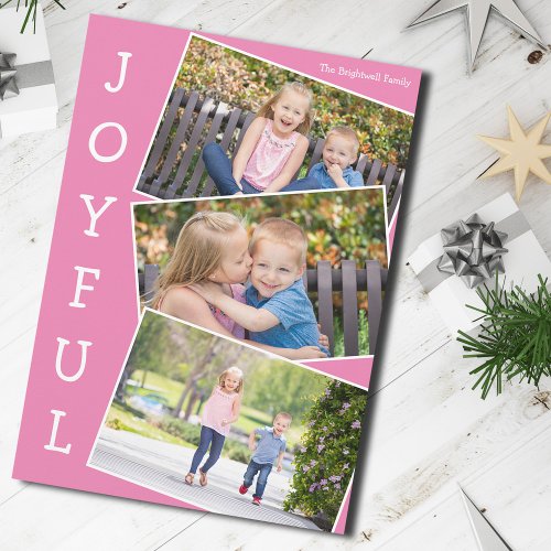 Joyful Pink 3 Kids Photo Collage Cute Christmas Holiday Card