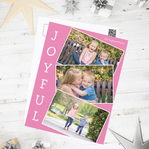 Joyful Pink 3 Kids Photo Collage Cute Christmas Holiday Postcard