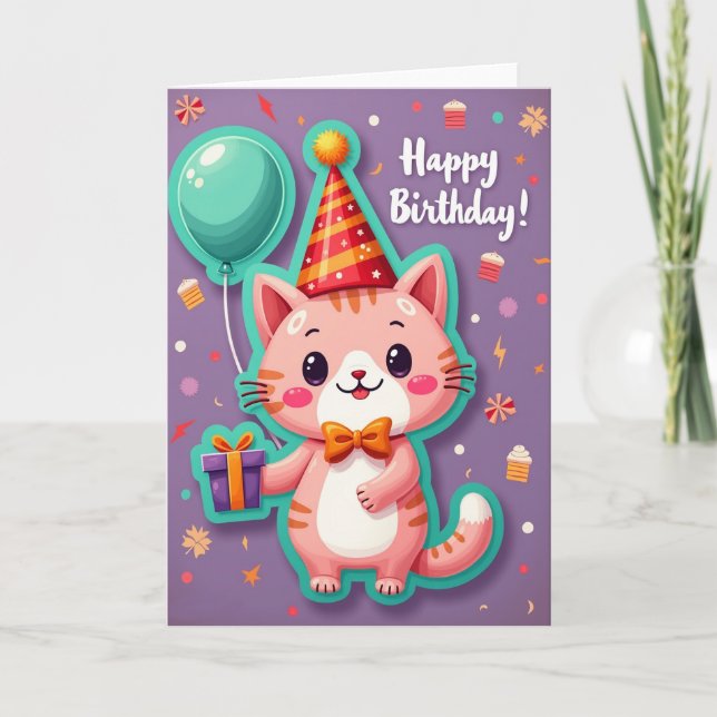 Joyful Pink Cat Birthday Card (Front)