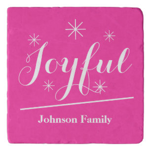Joyful Pink Christmas Script Family Name Cool Chic Trivet