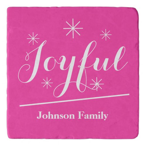 Joyful Pink Christmas Script Family Name Cool Chic Trivet
