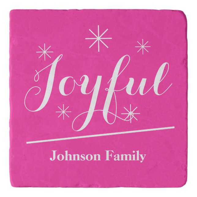 Joyful Pink Christmas Script Family Name Cool Chic Trivet (Front)