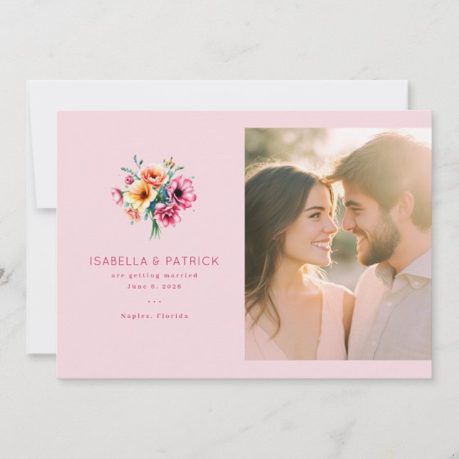 Joyful Pink Floral Photo Save The Date (Front)