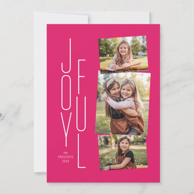 Joyful pink holiday photo collage card (Front)