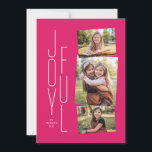 Joyful pink holiday photo collage card<br><div class="desc">A modern stacked joyful type treatment sits next to a collage of three photos on a trendy pink background. The striped coordinating backer is a matching color. This holiday card is the perfect way to send happy Christmas greetings.</div>