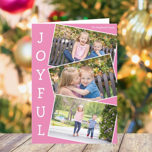 Joyful Pink Kids Photo Cute Folded Christmas Card