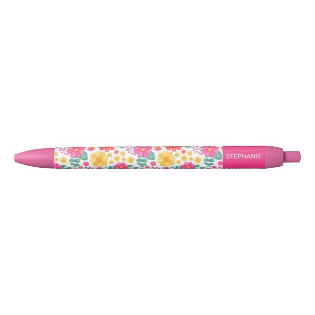 Joyful Pink Orange Yellow Floral Personalized Name Pen (Front)