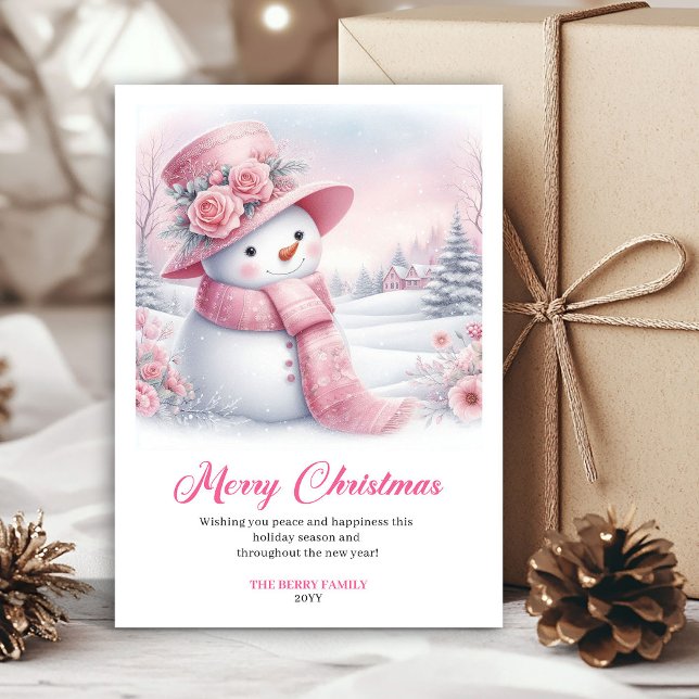 Joyful pink snowman Christmas greeting card digita (Joyful pink snowman Christmas greeting card editable file)