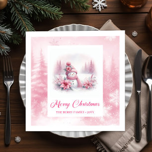 Joyful Pink Snowman Kids Christmas Scene Winter Napkins