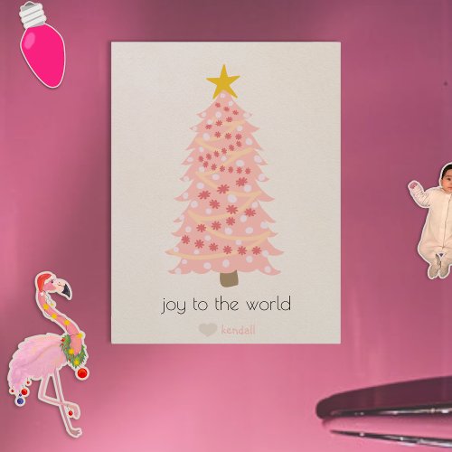 Joyful Pink Tree Custom Name Christmas Magnet Card