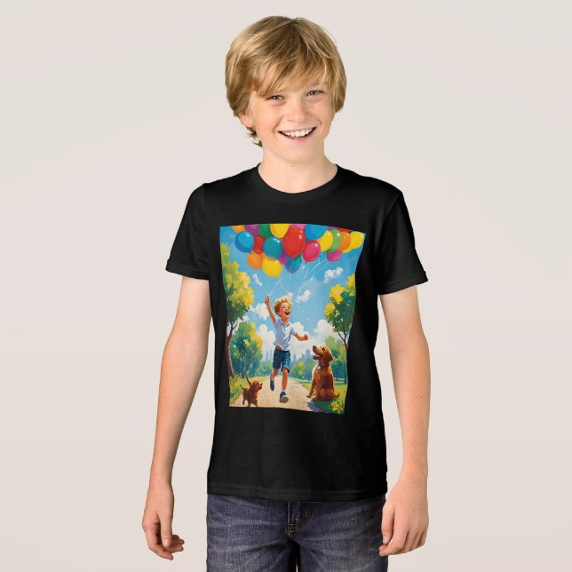 Joyful Playtime: Boy and Puppy in a Vibrant Park Tri-Blend Shirt (Front Full)