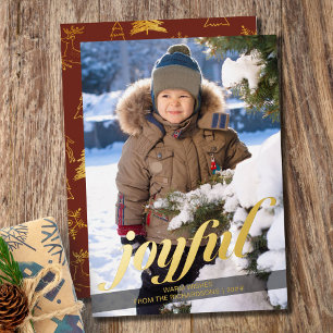 Joyful Portrait Photo Red and Gold Foil Holiday Card