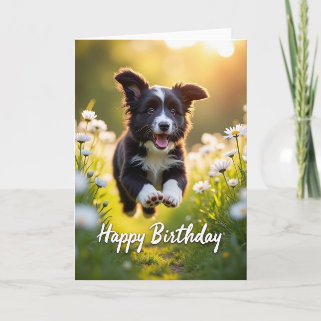 Joyful Pup Leaping Birthday Card (Front)