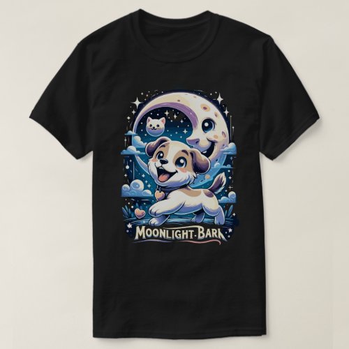  Joyful Puppy and Kitten Moonlight Bark T_Shirt